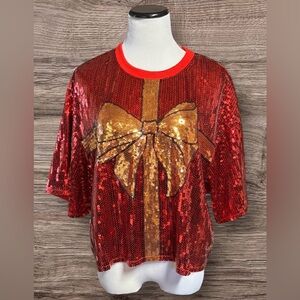 NWT SIMPLY SOUTHERN PREPPY SEQUINS HOLIDAY BOW TOP T-SHIRT
